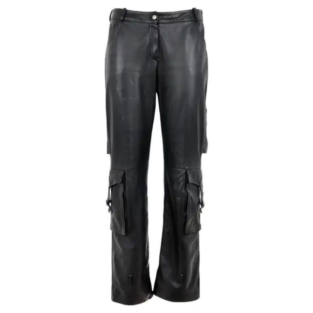 Women’s black leather cargo pants front view with utility pockets