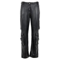 Women’s black leather cargo pants front view with utility pockets