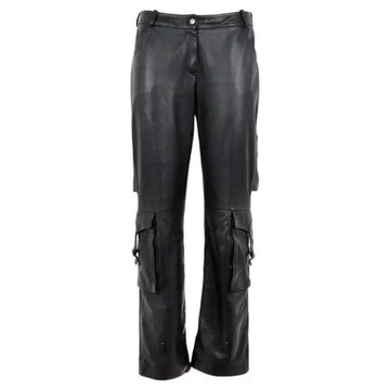 Women’s black leather cargo pants front view with utility pockets