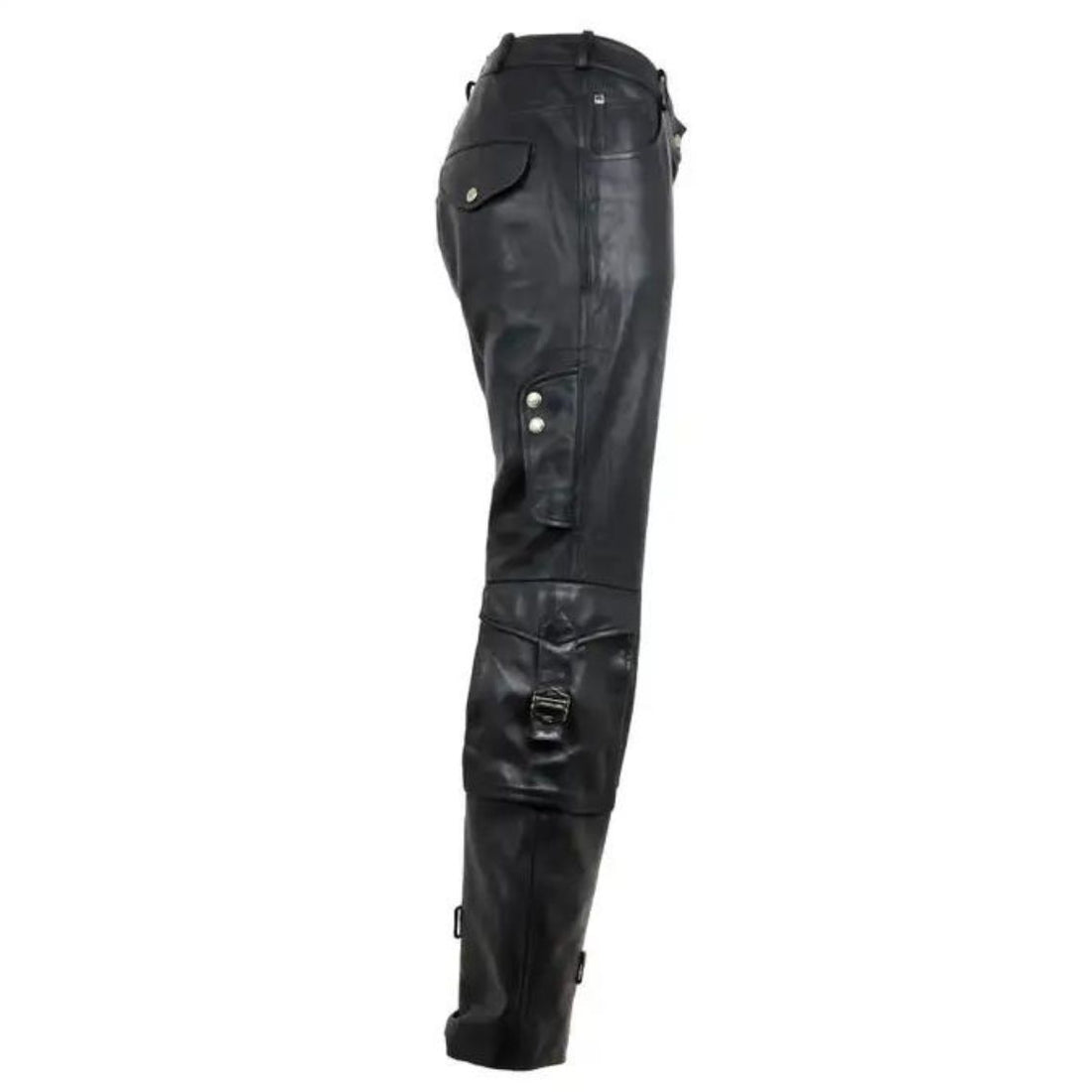 Women’s black leather cargo pants front view with utility pockets