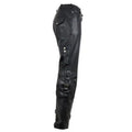 Side view of women’s black leather biker cargo pants showing pocket details