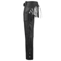 Side view of black leather tassel biker chaps with long fringe detailing