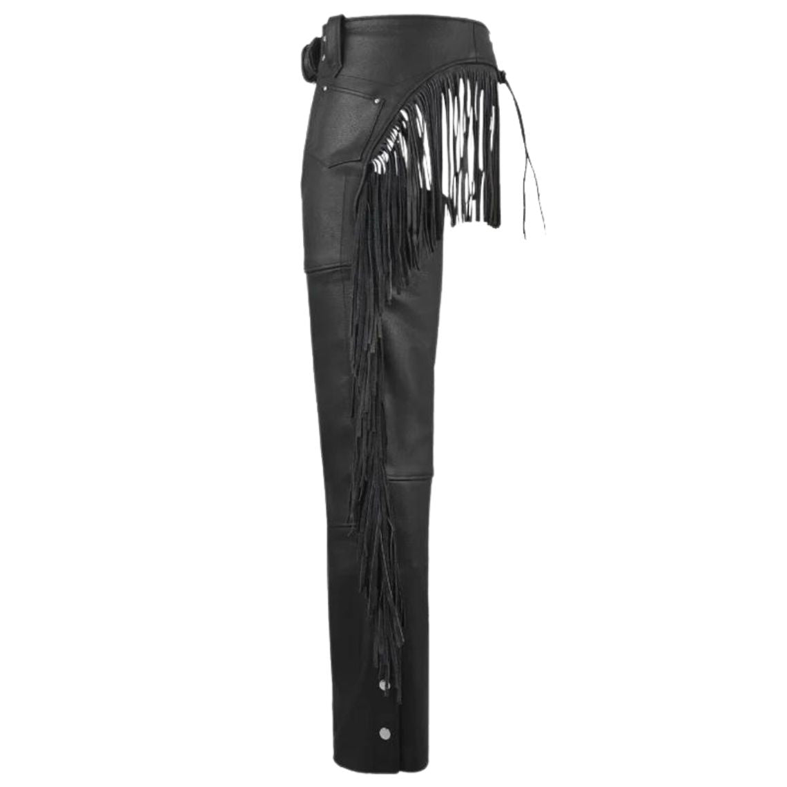Side view of black leather tassel biker chaps with long fringe detailing