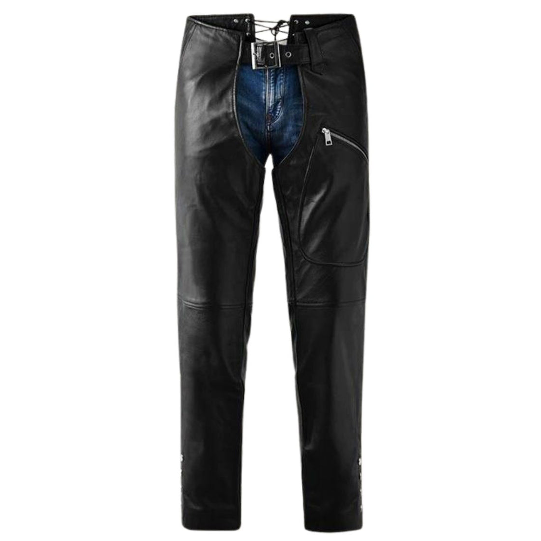 Women black leather motorcycle chaps front view with zipper pocket