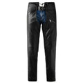 Women black leather motorcycle chaps front view with zipper pocket