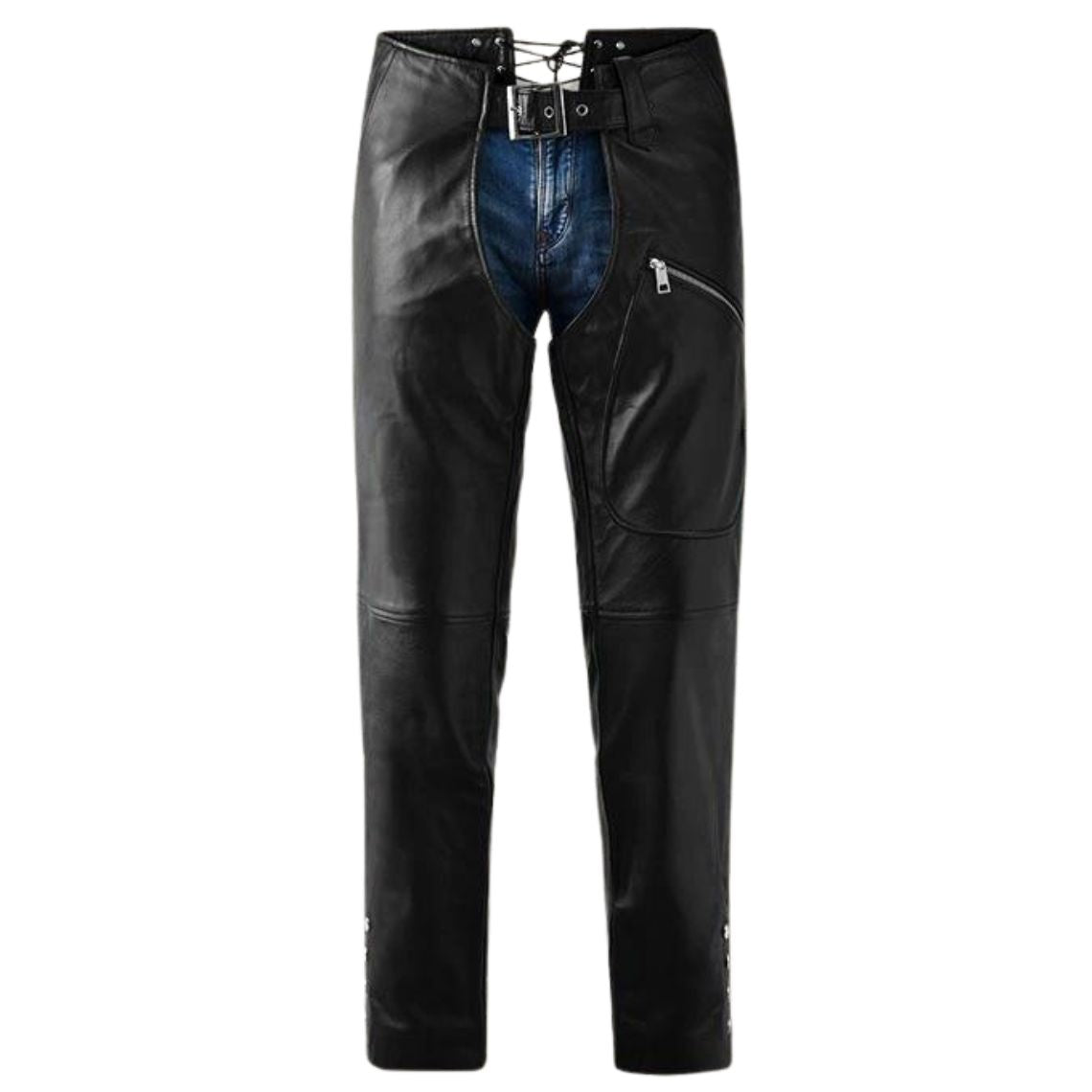 Women black leather motorcycle chaps front view with zipper pocket