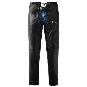Women black leather motorcycle chaps front view with zipper pocket