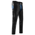 Women black biker chaps side view with adjustable belt
