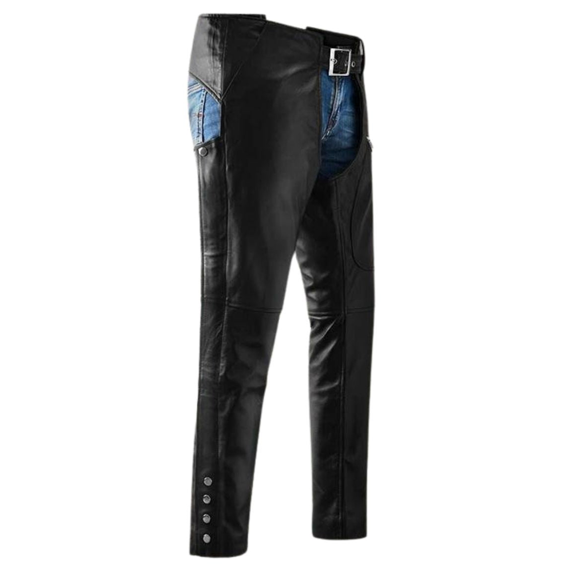 Women black biker chaps side view with adjustable belt