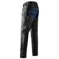 Women black leather chaps back view with snap button leg closures