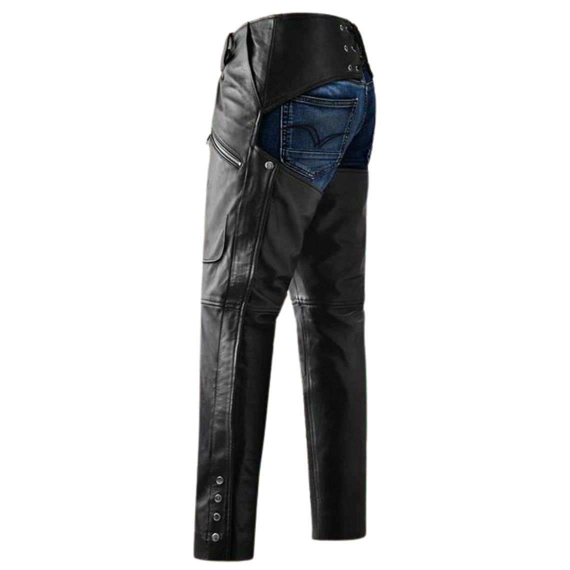 Women black leather chaps back view with snap button leg closures