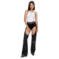 Front view of premium black leather studded chaps for women