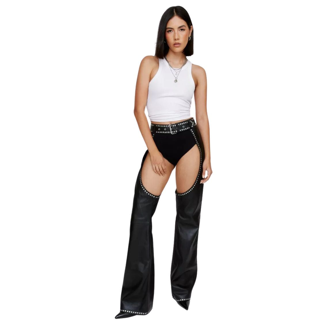 Front view of premium black leather studded chaps for women