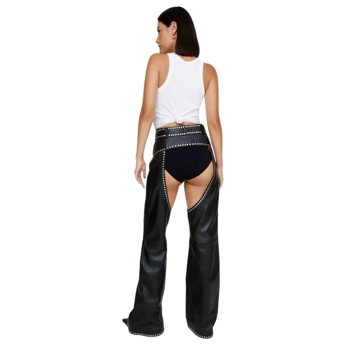 Back view of women’s sexy black leather assless chaps