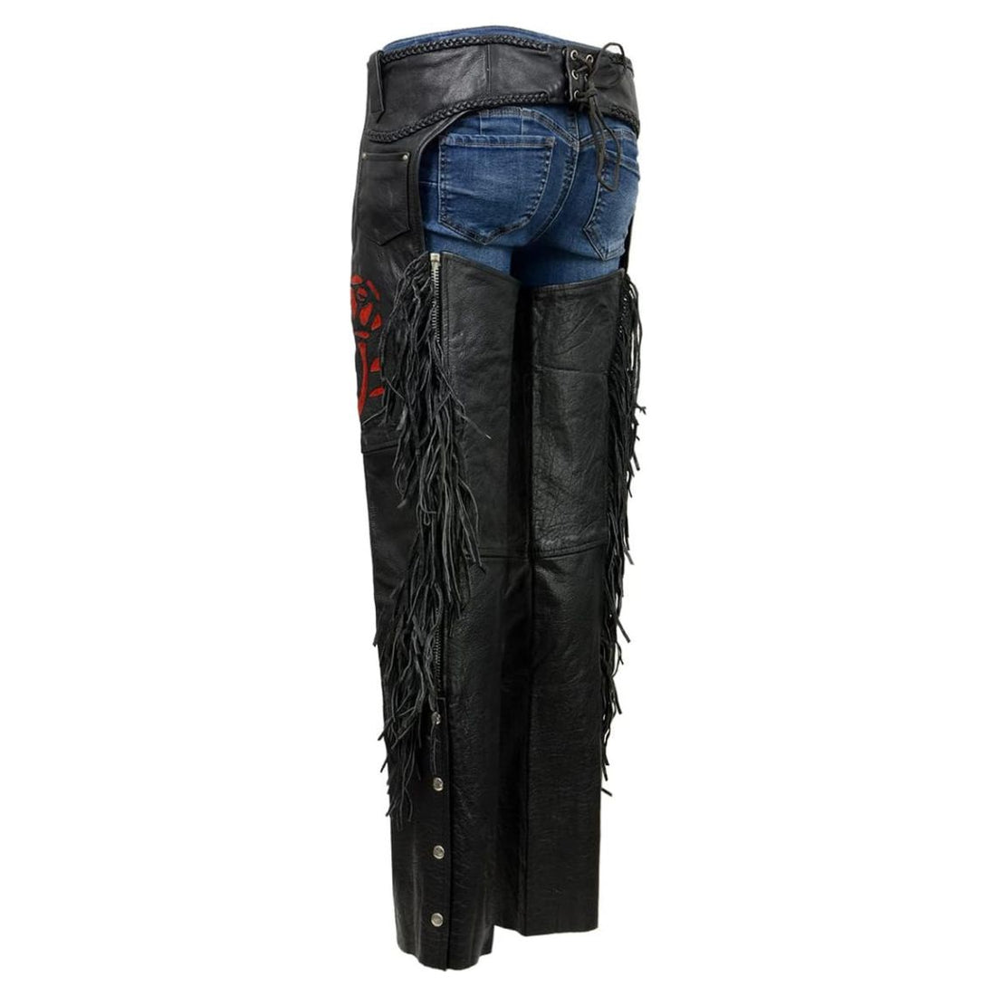 Women’s black leather motorcycle chaps with red rose design and fringe side detail front view