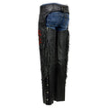 Back view of women’s leather chaps with fringe styling and adjustable belt fit