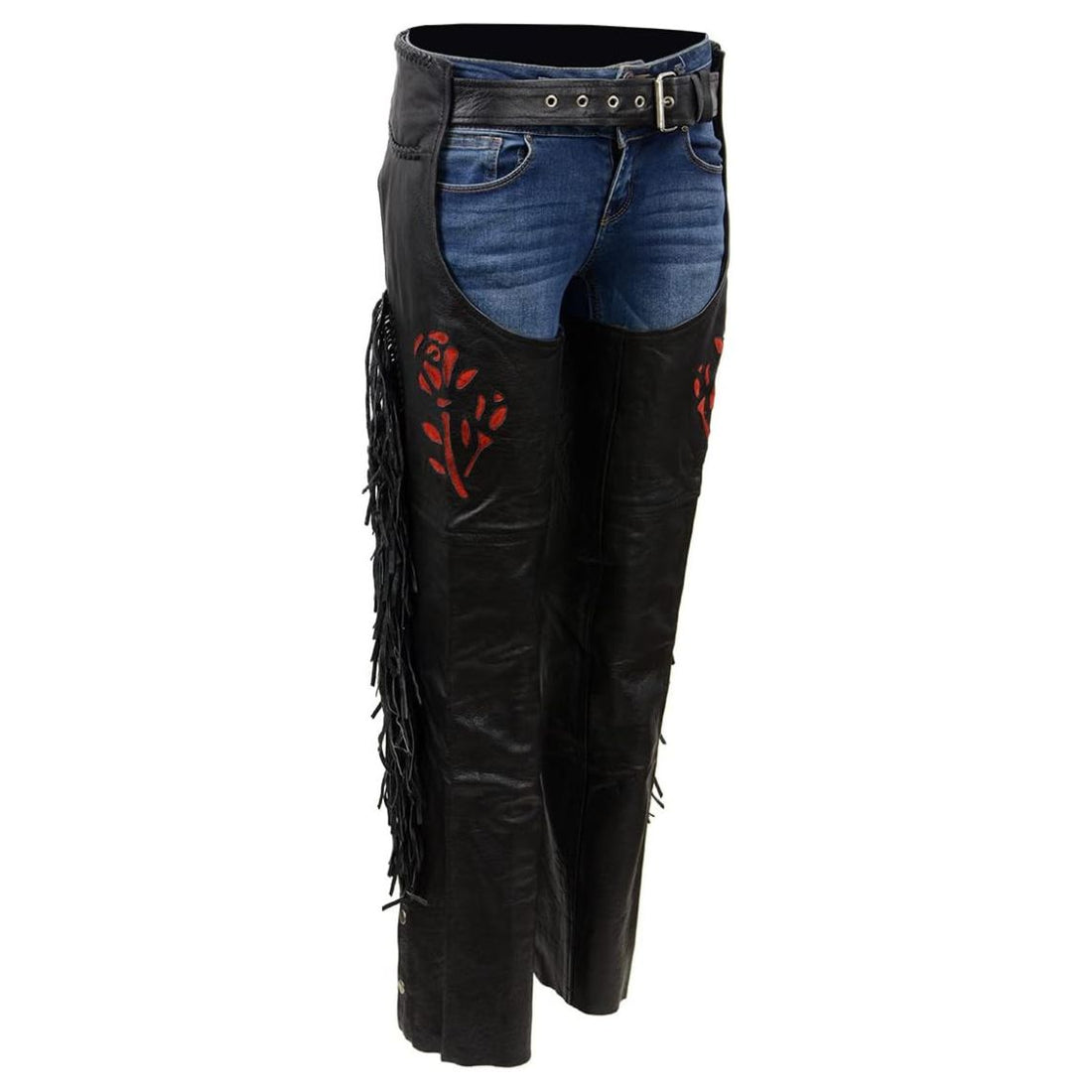 Women’s black leather motorcycle chaps with red rose design and fringe side detail front view