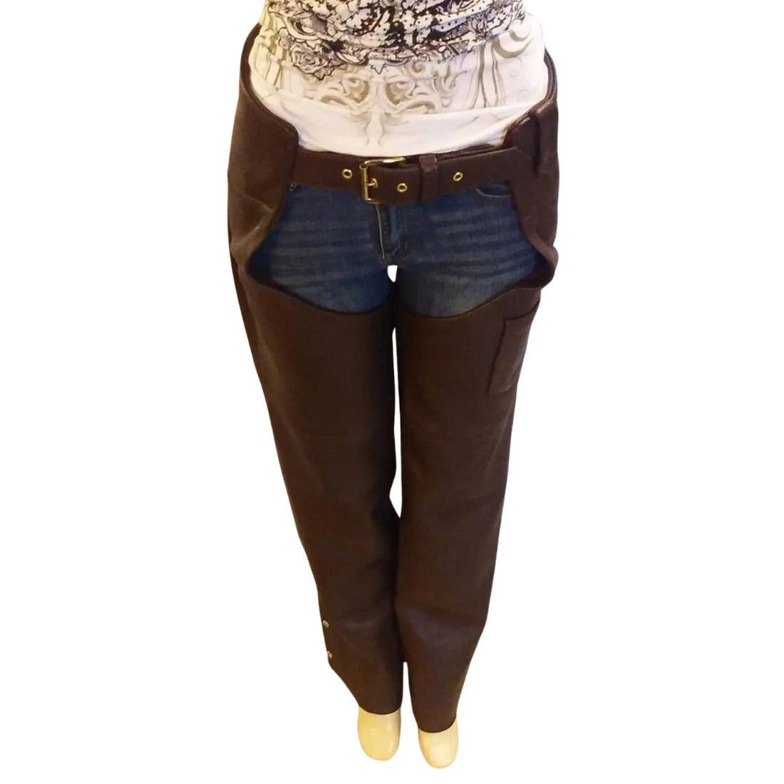Women’s brown leather motorcycle chaps front view with adjustable belt