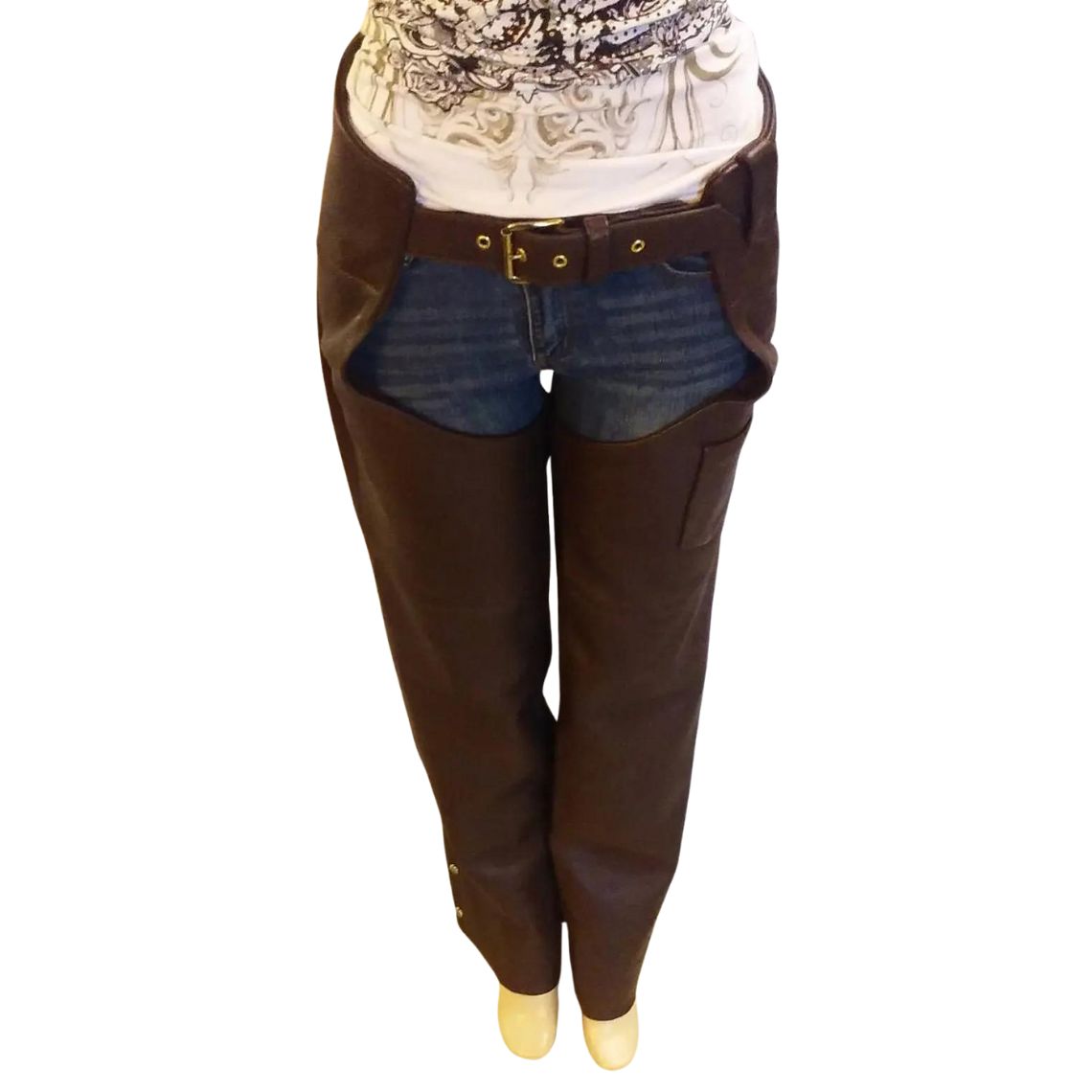Women’s brown leather motorcycle chaps front view with adjustable belt