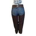 Women’s brown leather biker chaps back view with lace-up adjustable fit