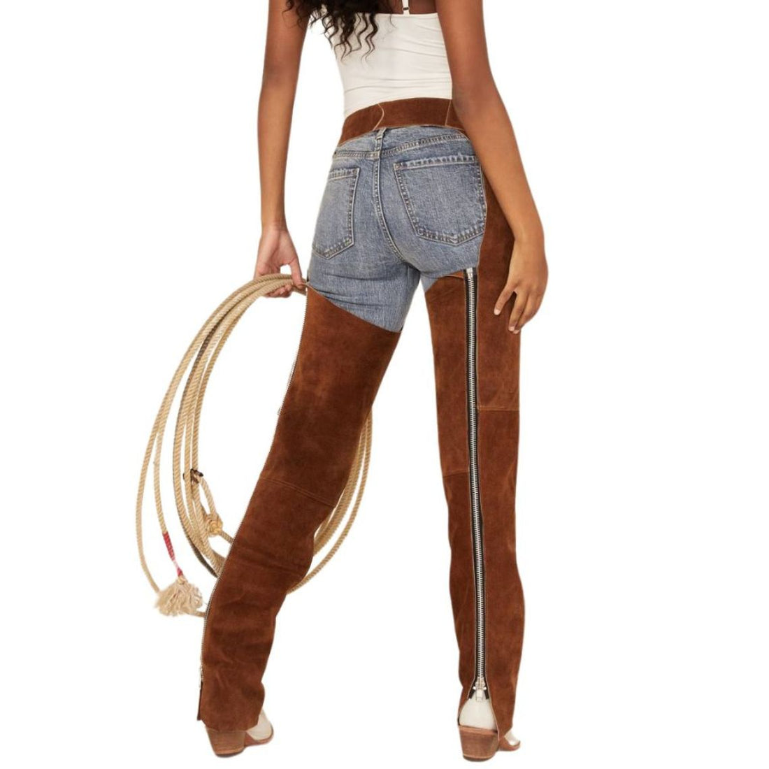 Front view of cowgirl riding chaps with belt and sleek design