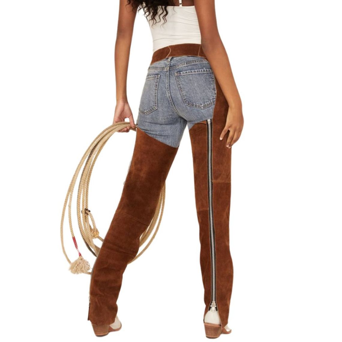 Women’s brown leather western riding chaps back view with zipper detail
