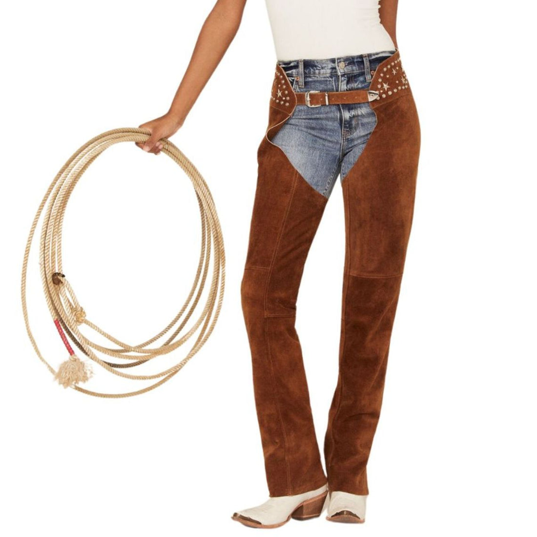 Front view of cowgirl riding chaps with belt and sleek design