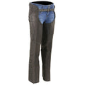 Women classic black leather motorcycle chaps front view with buckle belt