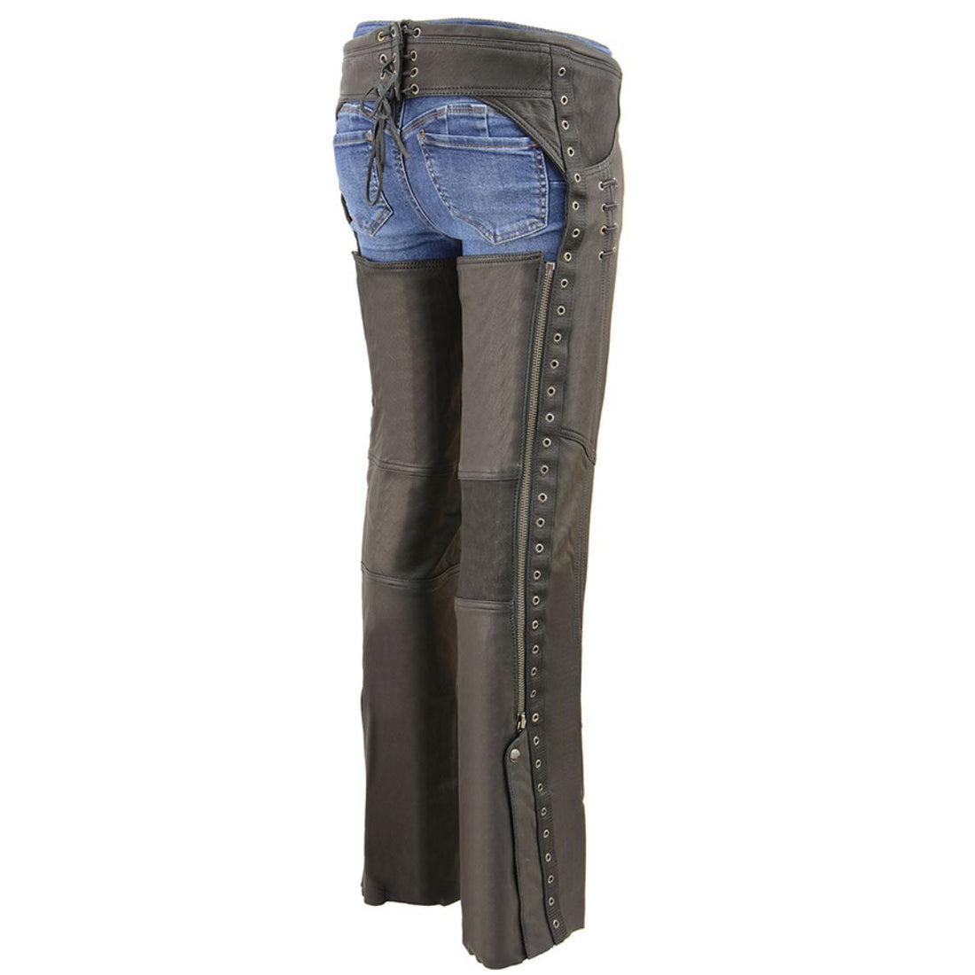 Women classic black leather motorcycle chaps front view with buckle belt