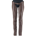 Women’s dark brown leather motorcycle chaps front view with adjustable belt
