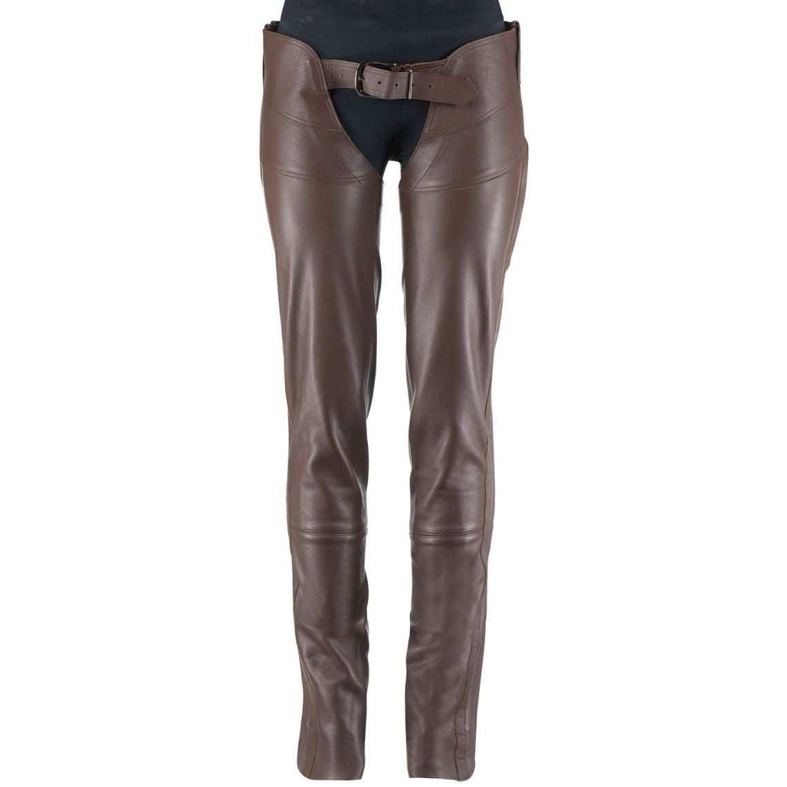 Women’s dark brown leather motorcycle chaps front view with adjustable belt