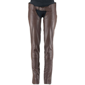 Women’s dark brown leather motorcycle chaps front view with adjustable belt