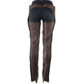 Back view of women’s brown leather chaps with stretch panel and slim fit design