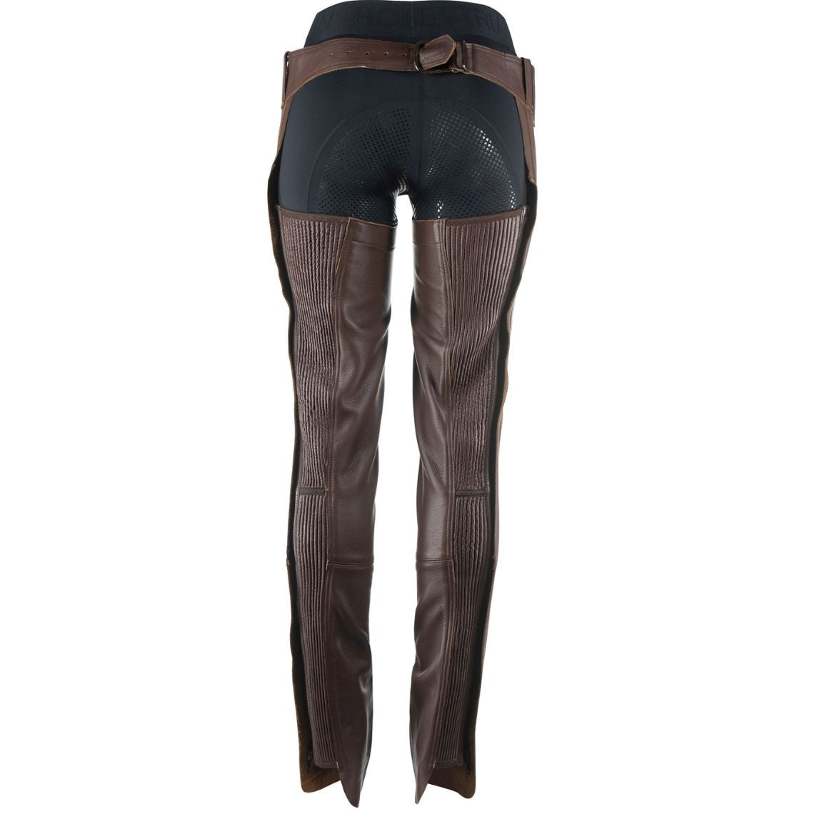 Back view of women’s brown leather chaps with stretch panel and slim fit design