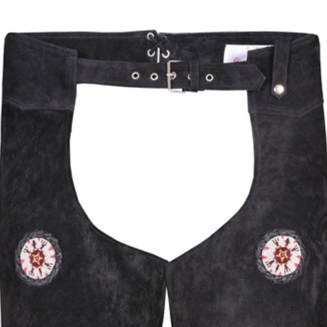 Women’s distressed black suede western chaps with concho detail front view