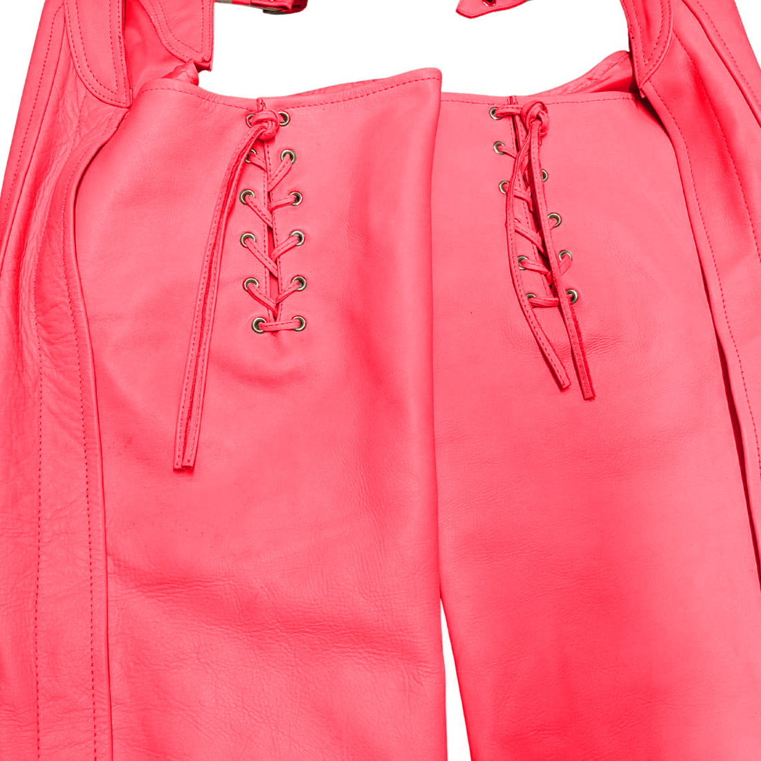 Front view of women’s pink leather biker assless chaps with adjustable straps
