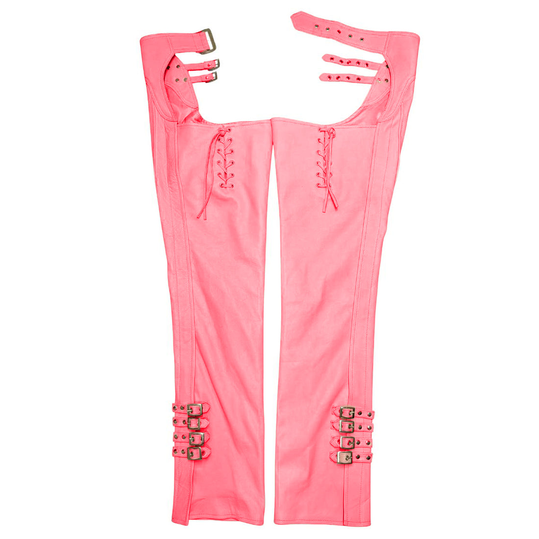 Front view of women’s pink leather biker assless chaps with adjustable straps