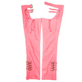Front view of women’s pink leather biker assless chaps with adjustable straps