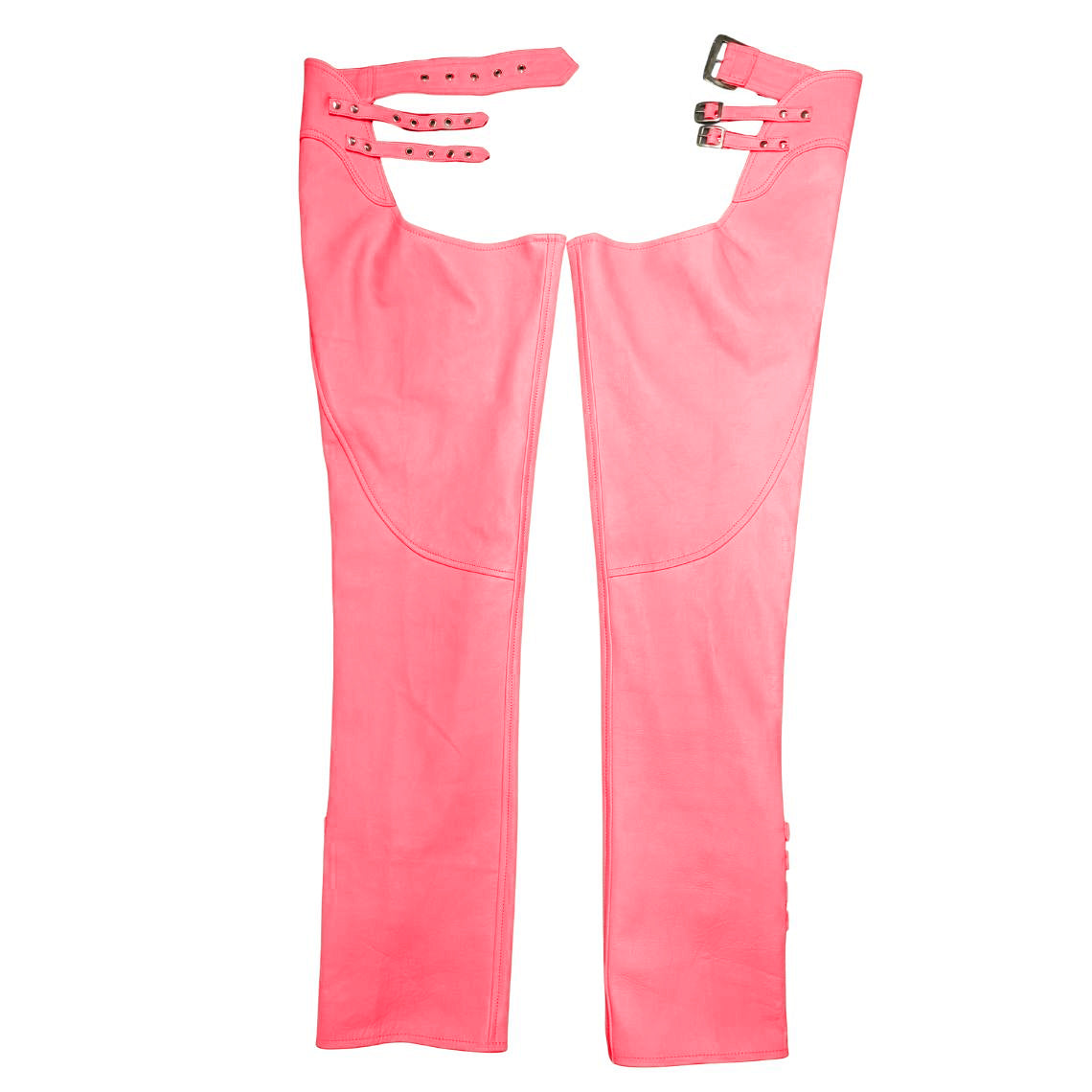Back view of women’s hot pink leather motorcycle chaps