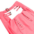 Detailed close-up of adjustable straps and lace-up design on pink leather chaps

