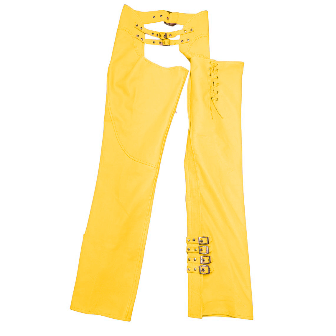 Front view of women’s yellow leather assless chaps with buckle straps