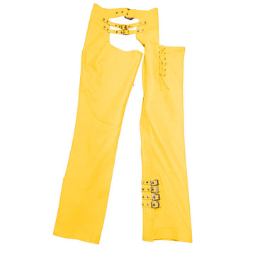 Front view of women’s yellow leather assless chaps with buckle straps