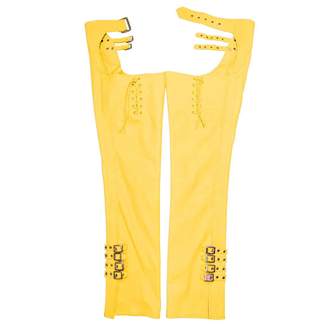 Back view of Lemon Rush women’s biker chaps with lace-up detail