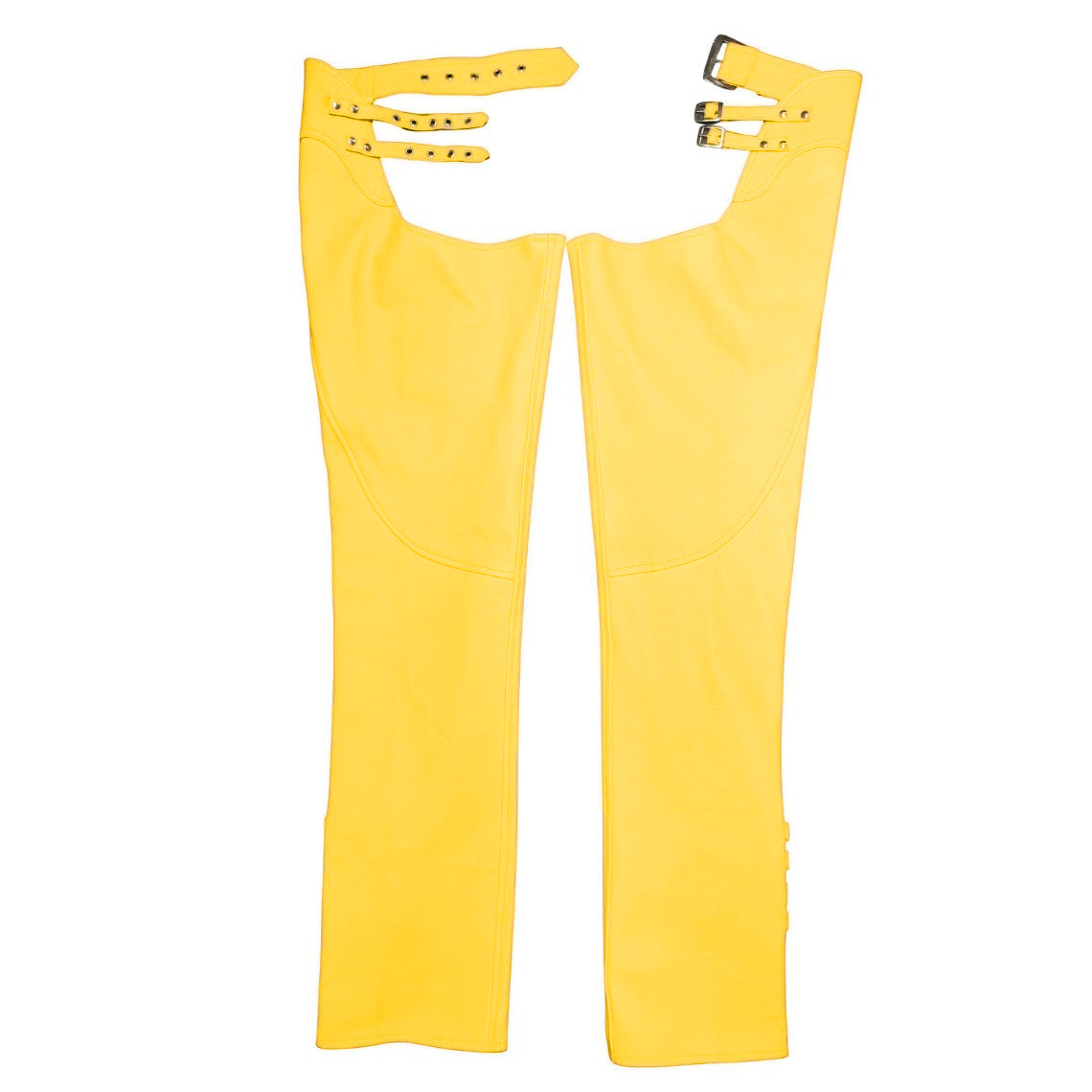Flat lay of yellow leather chaps showing full design