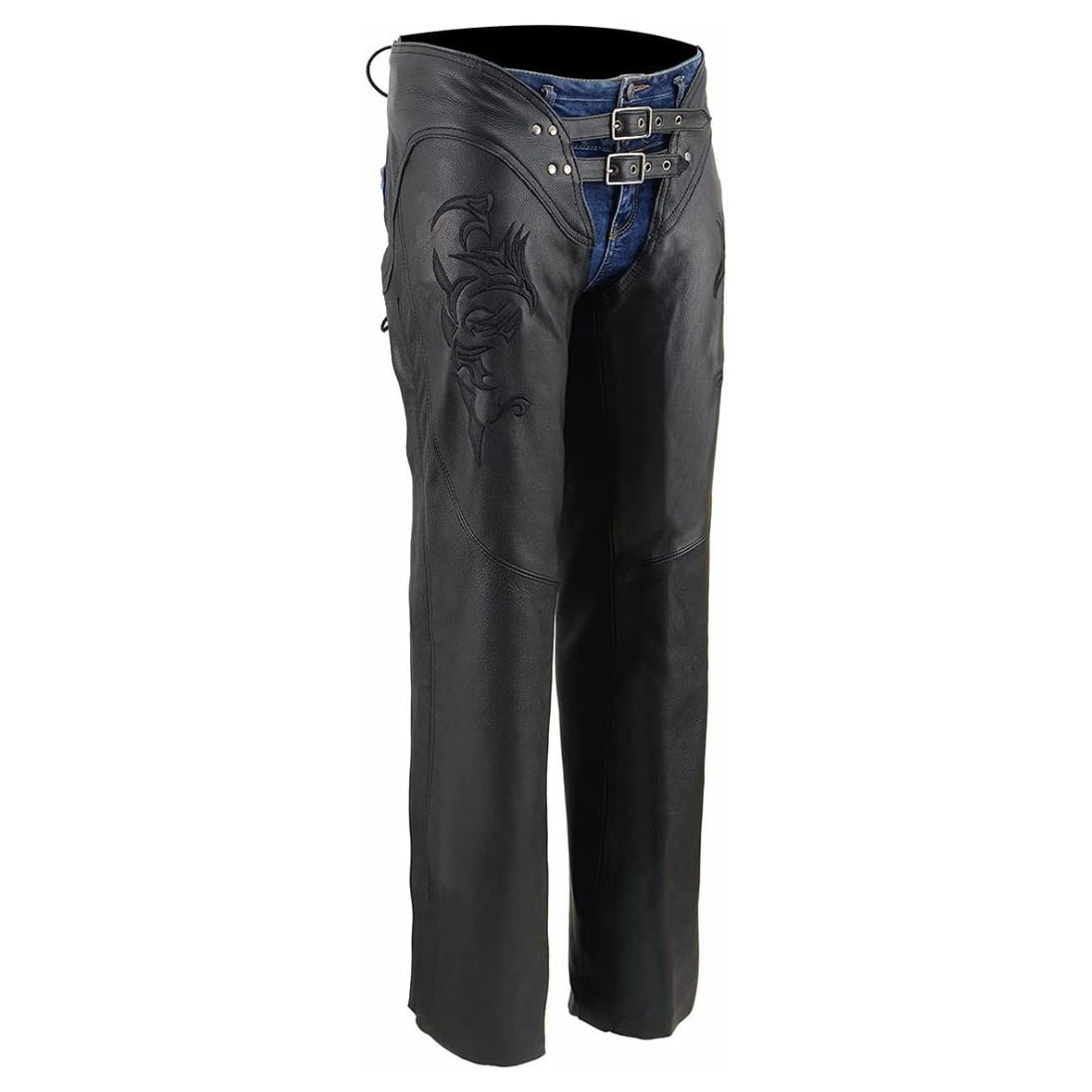 Women’s black leather motorcycle chaps front view with double buckle low rise design