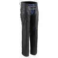 Women’s black leather motorcycle chaps front view with double buckle low rise design