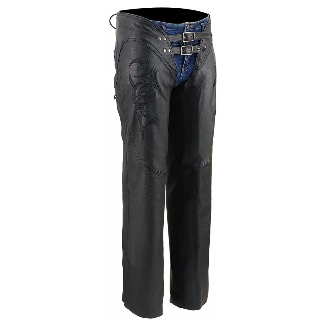 Women’s black leather motorcycle chaps front view with double buckle low rise design