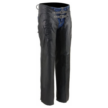 Women’s black leather motorcycle chaps front view with double buckle low rise design