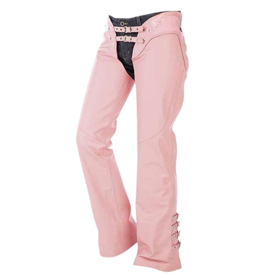 Women pink leather motorcycle chaps front view with buckle straps