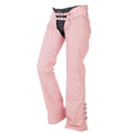 Women pink leather motorcycle chaps front view with buckle straps